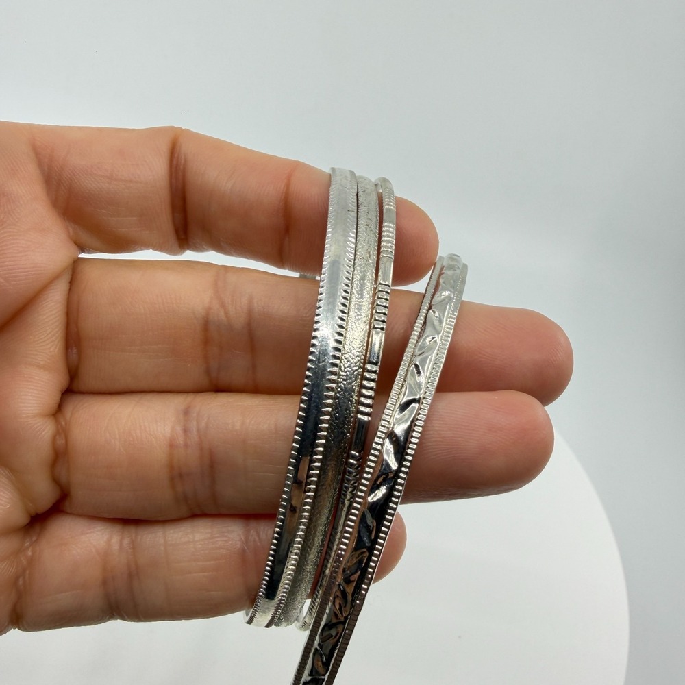 Y2K Silver Tone Stackable Bangle Set - Textured & Engraved Bracelets